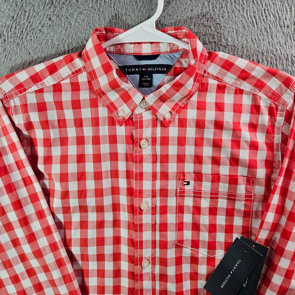 NEW Tommy Hilfiger Shirt Boy Large 16 18 Button Up Orange White Plaid - Picture 3 of 10